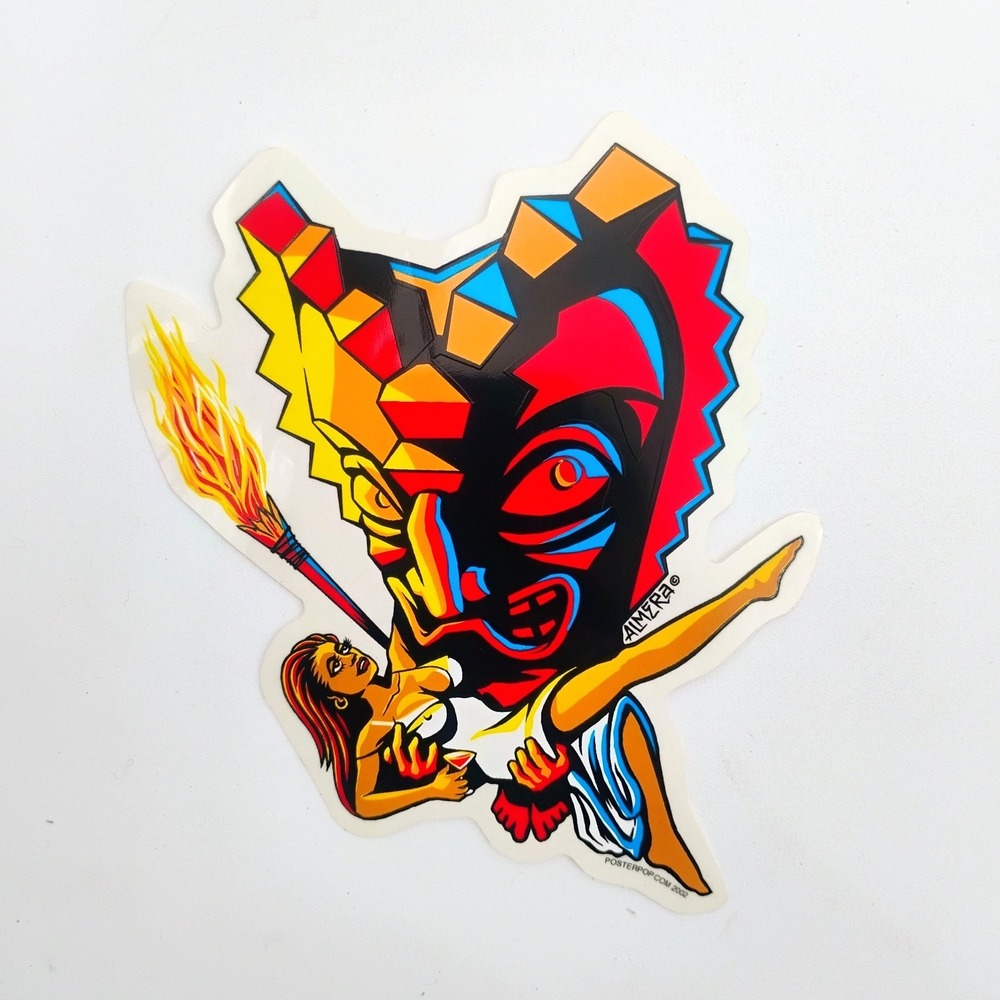Marco Almera Poster Pop Tiki Devil Mask Pinup Girl Vinyl Sticker Decal 2002 VTG